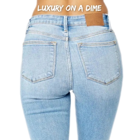 Retro Mid-rise Split Bell Bottom Flare Leg Raw Hem Skinny Jean Pants Judy Blue - Picture 3 of 10